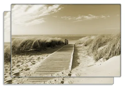 Produktbild von Wallario Frühstücksbrettchen 2er Set aus Glas, je 20 x 30 cm, mit rutschfesten Füßen, Motiv Auf dem Holzweg zum Strand in Sepiafarben