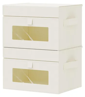 Image de Boîtes de rangement avec couvercle, boîtes de rangement pliables avec fenêtre transparente, corbeille en tissu avec 2 poignées en tissu, lot de 2, beige, 26 x 20 x 17 cm