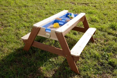 Imagen del producto de AXI Nick Mesa de agua y arena y Picnic para ninos de Madera | Water Table infantil con Tapa, Contenedores y Parasol en Marron | Juguetes de exterior
