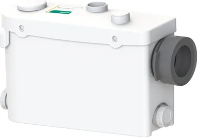A white wastewater lifting station with gray pipe fittings.