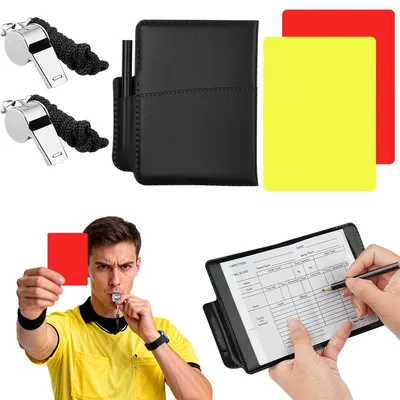 Produktbild von Schiedsrichter Set mit Edelstahlpfeife, Karten, Notizmappe & Stift, laut, mit Lanyard, für Sport, Training & Schule