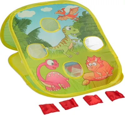 Produktbild von Relaxdays Sackloch Spiel, Dinomotive, Pop Up Wurfspiel, für Kinder, drinnen & draußen, Cornhole Spiel, 4 Säckchen, bunt