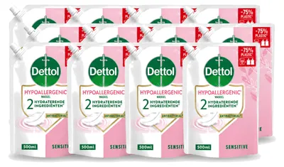 Image de 12 flacons recharge de savon pour les mains Dettol, hypoallergénique, pour peaux sensibles - 500 ml - Pack économique - 12 pièces
