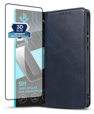 Produktbild von Handyhülle für Xiaomi Redmi Note 13 Pro+ 5G mit 9H Displayglas Kunstleder Flip Cover Hülle Klapphülle Case Kartenfach Farbe: Blau