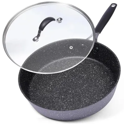 Image de Poêle antiadhésive STONER avec revêtement en granit - Poêle avec couvercle - 28 cm - Couvercle en verre - Compatible avec les plaques de cuisson à gaz et à induction - Noir - e LFGB