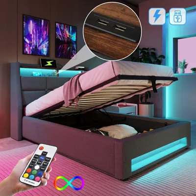 Produktbild von MODFU Boxspringbetten Polsterbett 90x200cm, Einzelbett Hydraulisches Bettkasten mit LED-Erleuchtung und USB(Ohne Matratze),Grau
