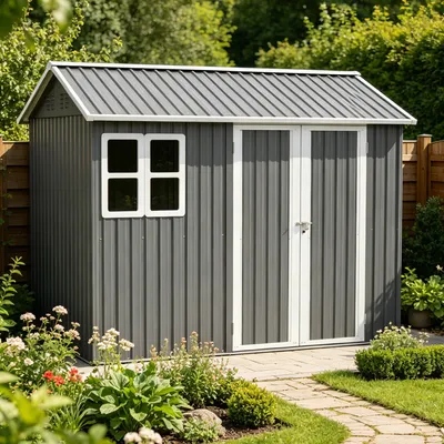 Produktbild von Geräteschuppen Gerätehaus Metall Gartenhaus Satteldach Lagerschuppen Grau 9m³ mit Fenster Fundament