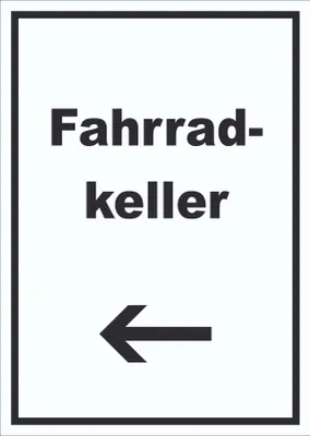 Produktbild von Fahrradkeller Schild mit Text und Richtungspfeil links Rad Bike hochkant A6 Rückseite selbstklebend