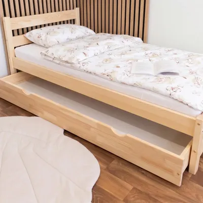 Produktbild von MEBLE WRÓBEL Kinderbett 80x180 cm mit Schublade und Lattenrost - Einzelbett aus Kiefer Massivholz - Kinder Bett Montessori – Jugendbett - ohne Matratze