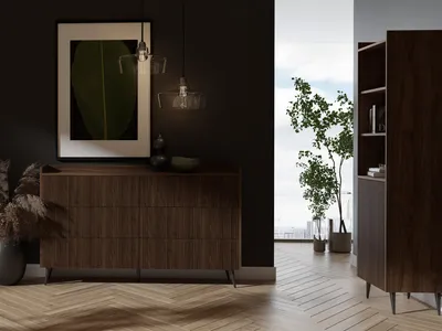 Produktbild von Kommode 150 cm mit Rillenfronten & 6 Push-to-Open Schubladen – Wohnzimmerschrank Buffet Sideboard mit Stauraum, hohe Metallfüße, Braun Walnuss Holzoptik – Industrial-Loft & Skandi Stil – Arysa