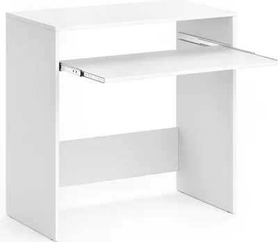 A white desk with a pull-out keyboard tray.