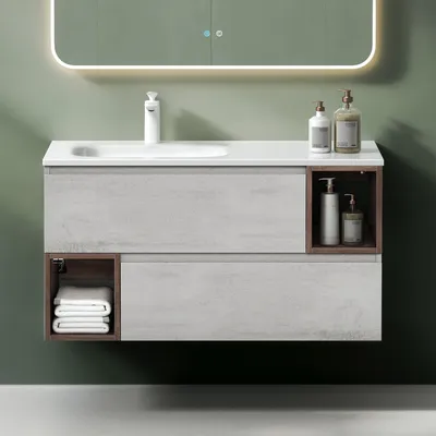 Produktbild von Mai & Mai Badmöbelset 100x48x54cm - Mineralgusswaschbecken und Unterschrank in Beton und Eiche Gemini