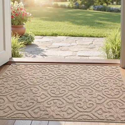Image de Tapis de sol antidérapant beige, dimensions 44 x 76 cm