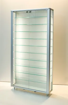 Produktbild von Flachvitrine mit LED-Streifenbeleuchtung OL9923 - 99 x 23 x 184,5 cm, auf Standfüßen / mit LED-Streifenbeleuchtung / Alu silber, Holz lichtgrau