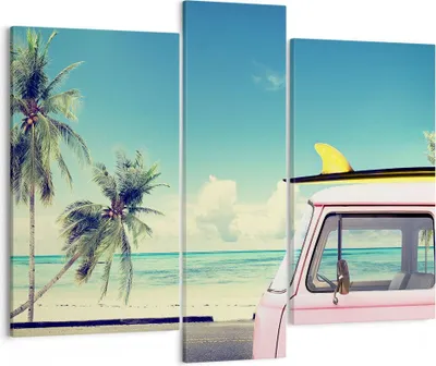 Produktbild von Bild auf Leinwand - Leinwandbild - Auto Surfbrett Strand Ozean - 95x80cm - Wand Bild - Wanddeko - Leinwanddruck - Bilder - Kunstdruck - Wanddekoration - Leinwand bilder - Wandkunst - CB95x80-2835