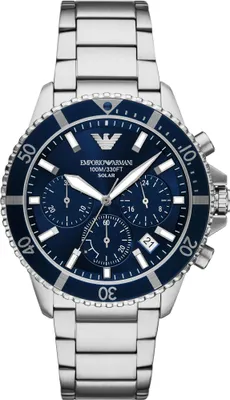 A close-up, studio shot of an Emporio Armani analog watch with a blue dial and silver metal band, presented against a white background.