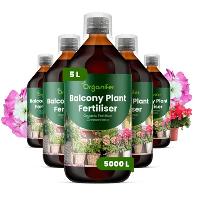 Produktbild von Flüssigdünger für Balkonpflanzen 5x1L – 2-1-8 NPK – Flüssigdünger Für Blüh- & Grünpflanzen – Für Üppige Blüten & Blätter – Organifer