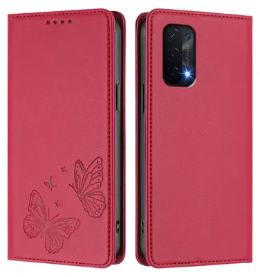 Image de Étui en cuir pour Oppo A54 5G/Oppo A74 5G, motif papillon, étui à rabat avec porte-appareil, rouge
