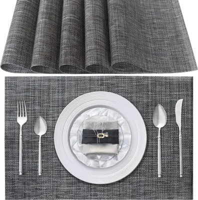 Produktbild von MODFU Platzsets(6er Set),Rutschfest Abwaschbar Tischsets,PVC Abgrifffeste Hitzebeständig Platzdeckchen,Schmutzabweisend und Waschbare,Platz-Matten für Küche Speisetisch silber schwarz