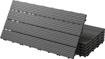 Produktbild von ECD Germany WPC terasové dlaždice, 60x30 cm, 30dílná ekonomická sada pro 5m², antracitová barva ve vzhledu dřeva, pro zahradní balkonové podlahy s drenáží a systémem click