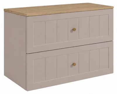 Obrázek produktu pro Závěsná skříňka do koupelny, rozměry 80 x 46 x 58,6 cm, se zásuvkami, korpus v barvě kašmíru, deska z světlého dubu, Obrázek vytvořený pomocí AI