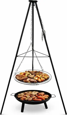 Obrázek produktu pro Zahradní třínohý gril s visícím roštem, ohniště 150 cm, výškově nastavitelný grilovací rošt, sklopný rám, ocelová vana, pro zahradu a táborák