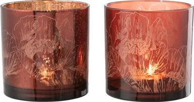 Image de J-Line Photophore Fleurs Verre Bordeaux/Antique Bordeaux Large 2 Assortis