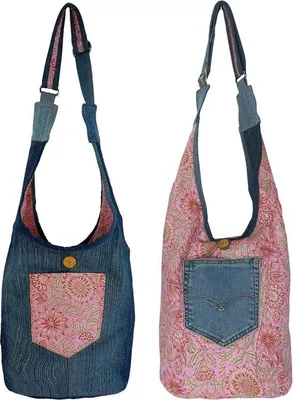Obrázek produktu pro Udržitelná taška ve stylu boho z recyklované džínoviny a bavlny. Oboustranná, modro-růžová, taška přes rameno.