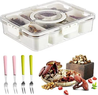 Produktbild von Snackteller mit Deckel - 8-teiliges Snackbrett abnehmbar - 28 x 21 cm - Snackbox mit Aufteilung - Handteller für Snack und Vesper - für Süßigkeiten, Snacks und Nüsse