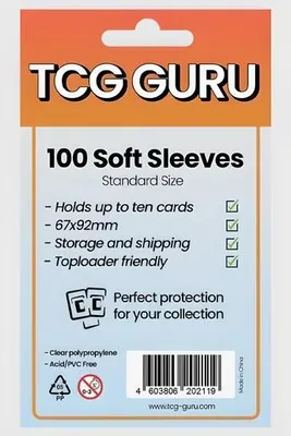 Imagen del producto de 100 fundas protectoras de tamaño estándar para cartas de intercambio (TCG) de la marca TCG GURU + protección para el envío de Heartforcards®