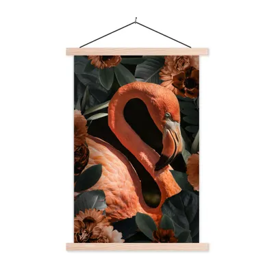 Produktbild von MuchoWow® Textilposter Flamingo - Rosa - Blätter 60x90 cm mit holzfarbenen Rahmen - Textil