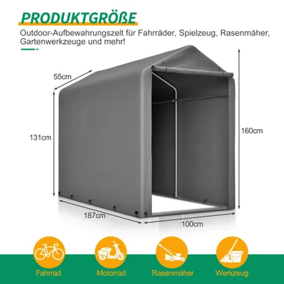 Image de Tente de rangement de jardin imperméable - Abri pour vélos - Structure en acier - 187 x 100 x 160 cm - Pour vélos et outils de jardin - Gris foncé