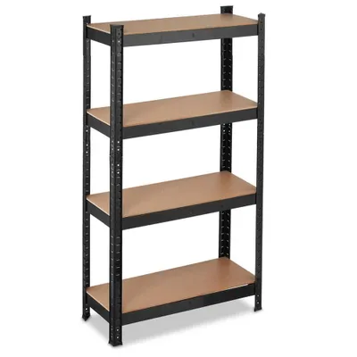 A four-tier shelving unit with black metal frames and brown particleboard shelves, presented against a white background.