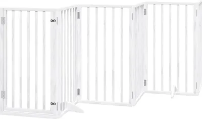 A white wooden pet gate with multiple folding panels.