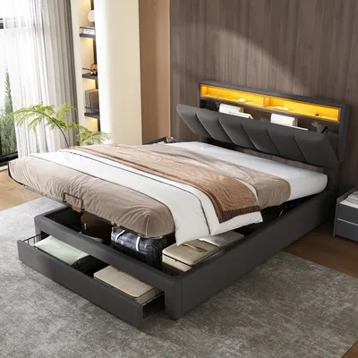 Produktbild von Flieks Polsterbett 140x200cm mit Schublade, Boxspringbett mit Stauraum und Lattenrost, Doppelbett mit Led und Stauraumkopfteil, Stauraumbett Jugendbett, Leinen, Grau