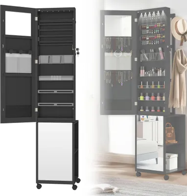 Produktbild von ACXIN Spiegel Schmuckschrank Schmuckaufbewahrung mit LED-Leuchten und Sicherheitsschloss 3-in-1 Stehendes Spiegelschrank mit Rädern und Ablagen 36 x 40 x 170 cm Schwarz