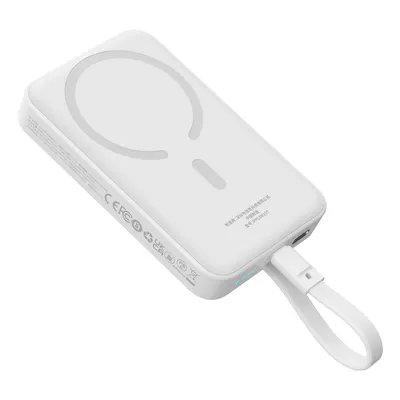 A white magnetic power bank with a charging cable attached.