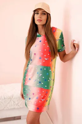 Produktbild von Damen Baumwollkleid mit Tasche und Kragen in buntem Grünmuster
