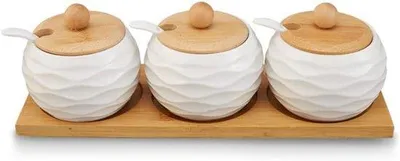 Immagine prodotto di Set di contenitori in Vetroceramica per tisane con cucchiaini e coperchi in bambù - ideale per tè, caffè,e salsa al pepe