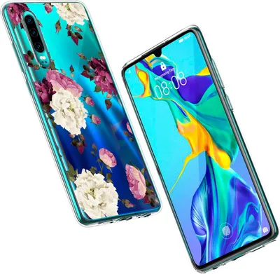A smartphone with a floral case and a smartphone with a colorful wallpaper.
