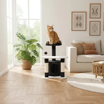 Image de belviona Arbre à chat 65 cm, arbre à chat compact avec grotte, surface de repos & troncs en sisal, aire de jeu & de repos stable, noir/blanc
