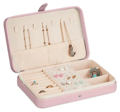 Productafbeelding van Relaxdays sieradenkistje, sieradenopbergdoos, geschikt voor ringen, oorbellen en kettingen, reiskistje voor sieraden, afmetingen: 4,5 x 21 x 14,5 cm, roze, AI-gegenereerde afbeelding