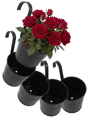 Image de Lot de 4 pots suspendus avec poignée amovible - Pots de fleurs noirs pour intérieur et extérieur