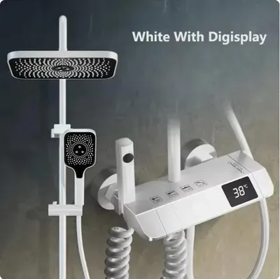 Obrázok produktu pre Digitálna termostatická sprchová batéria – sprchová súprava – LED displej – regulácia teploty – mosadz – výškovo nastaviteľná – pozinkovaná – biela