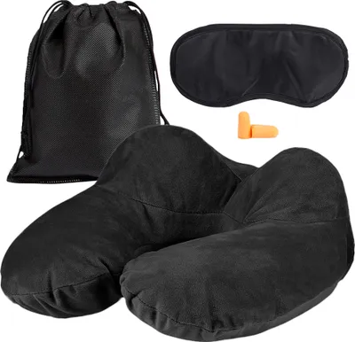 Produktbild von EAZY CASE ergonomisches Nackenkissen aufblasbar inklusive Schlafmaske Nackenhörnchen mit waschbarem Bezug in Schwarz