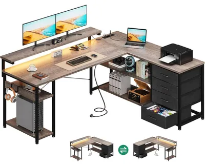 Zdjęcie produktu dla Biurko narożne z szufladami, 2 gniazdka elektryczne, 2 porty USB, kształt L, oświetlenie LED, wymiary 155x110 cm, kolor: dąb szary
