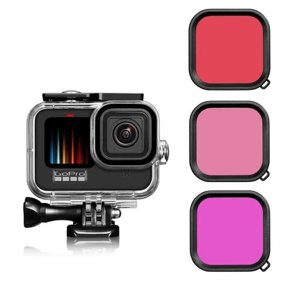 A GoPro camera with a protective case and three colored filters.