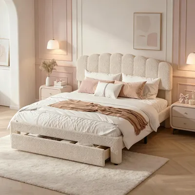 Obrázok produktu pre Postel s čalúneným rámom INONEFT, 160x200 cm, s zásuvkami, USB portami, dvojposteľ s nastaviteľnou opierkou hlavy, úložná posteľ, posteľ pre mládež s roštom, potiahnutá plyšovou tkaninou, farba: béžová