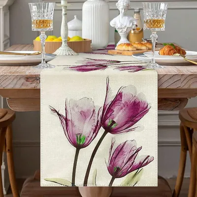 Produktbild von Tischläufer Lila Tulpen Blumen Tischläufer Frühling Sommer Modern Wohnzimmer Abstrakt Tischdecke Leinen rutschfest Tischband Küche Tisch Dekoration für Esszimmer Party Drinnen Urlaub 33x180cm