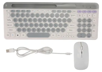 Obrázek produktu pro Bezdrátová sada klávesnice a myši, dobíjecí, retro styl, 2,4 GHz, bezdrátová sada klávesnice a myši s podporou Bluetooth, bílá